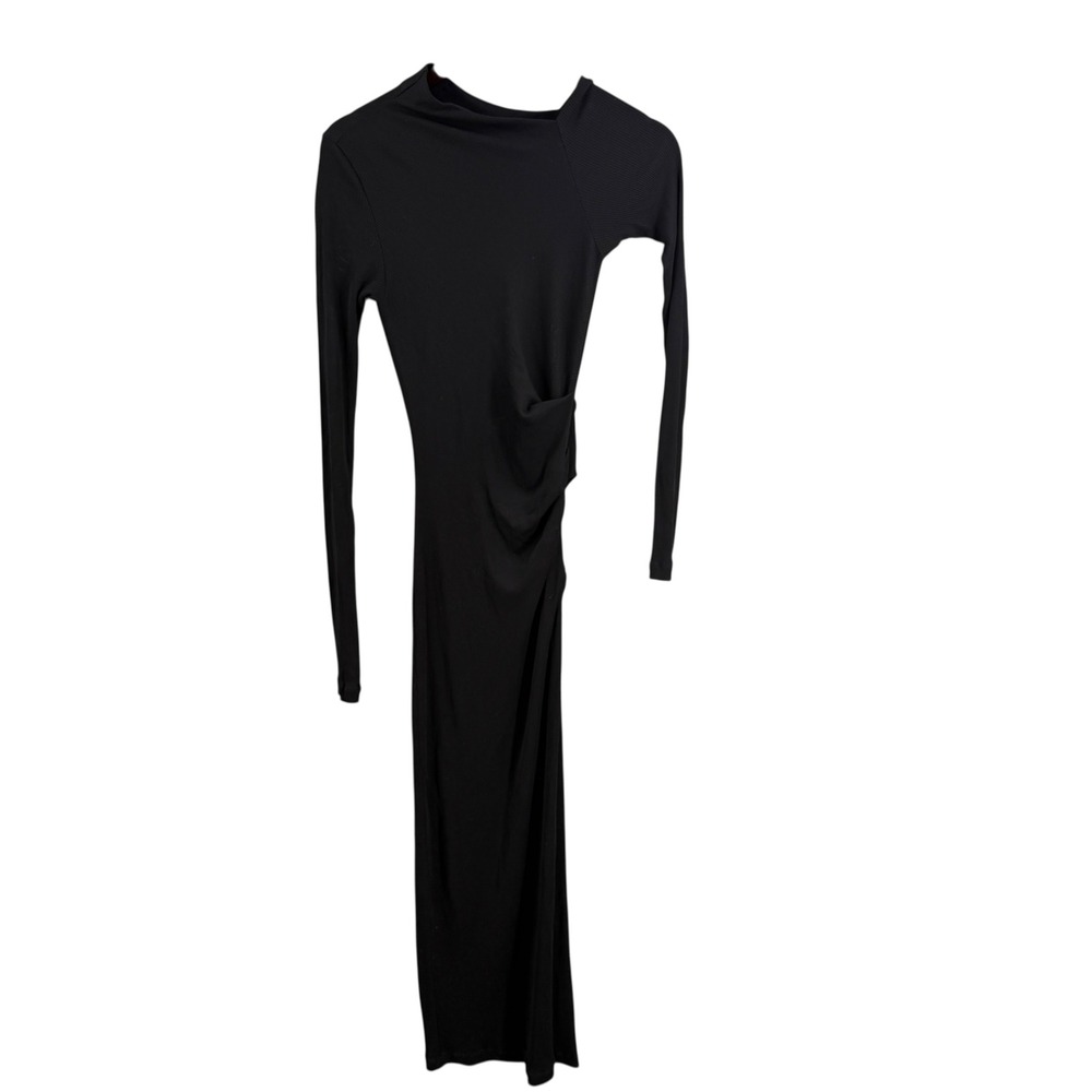 Helmut Lang Ribbed Knit‎ Maxi Dress XS Black Long Sleeve Asymmetric Draped